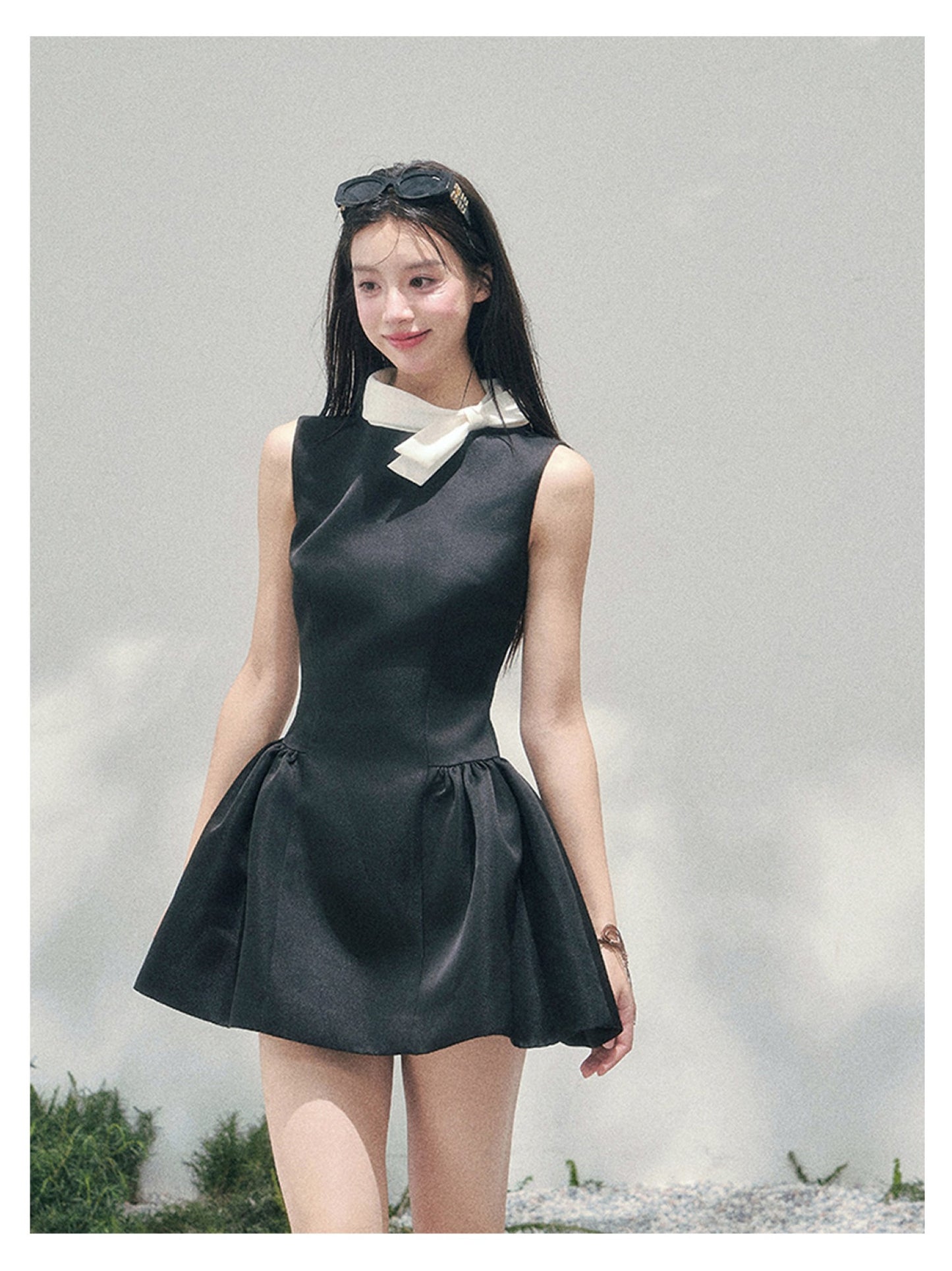 少也眼 “Satin Poise” Tranquil Black French A-Line Dress 145