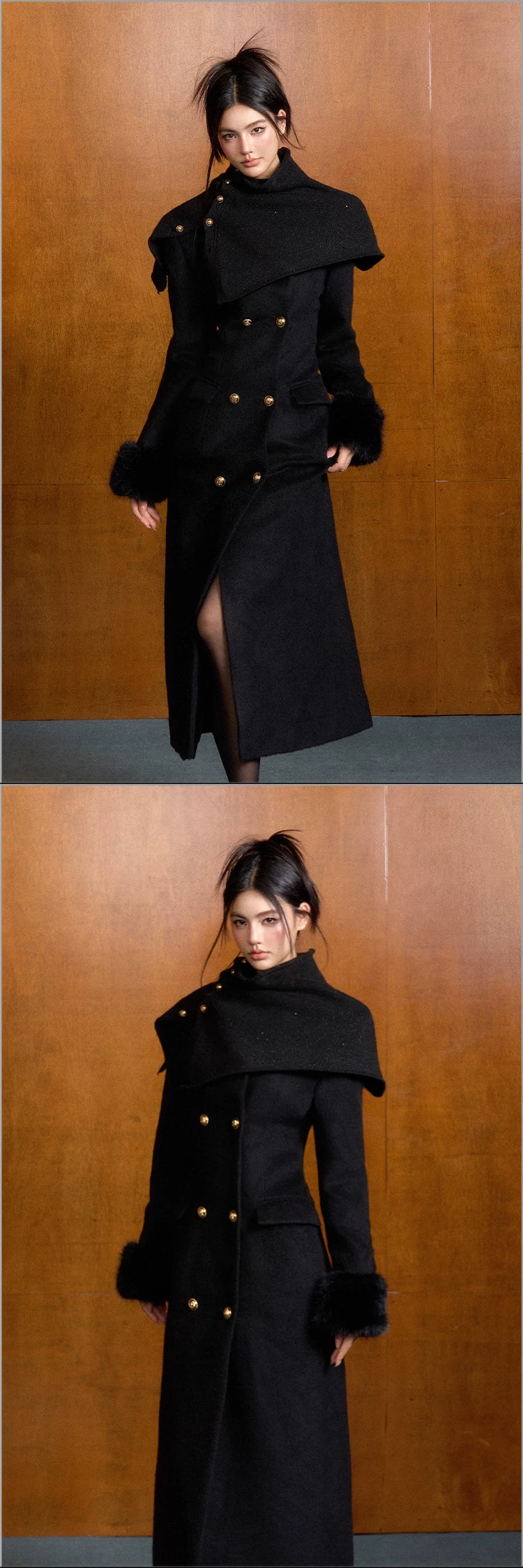 "Manor Elegance" Detachable Faux Fur Wool Coat & Knit Scarf Set