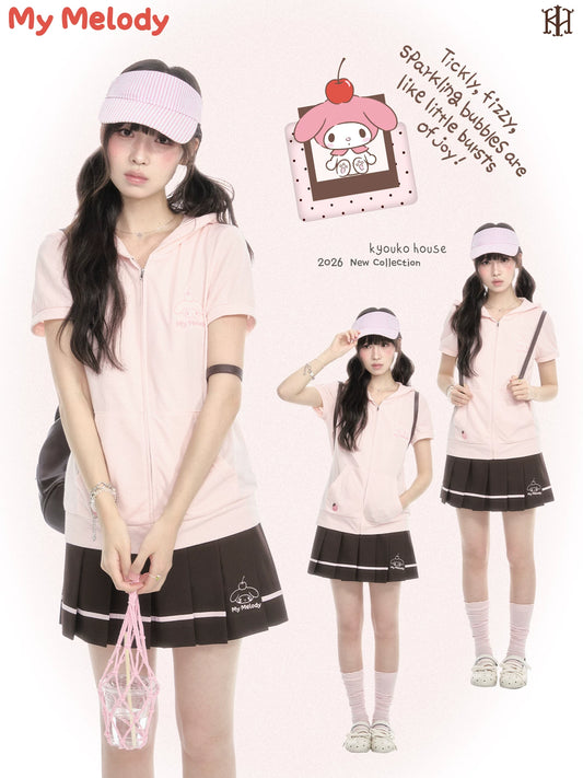"Strawberry Daydream" Pink Hooded Zip-Up & Brown Skirt Set