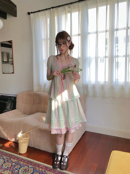 [RF] “Green Grape Picnic” Pastel Plaid Two-Piece Skirt Set