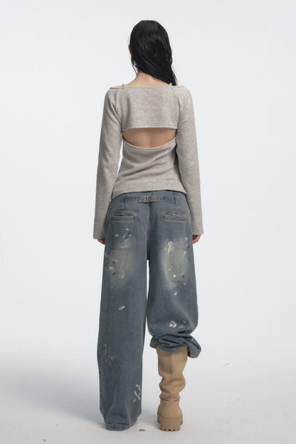 Muirgen - Gray Cut-Out Shoulder V-Neck Knit Top