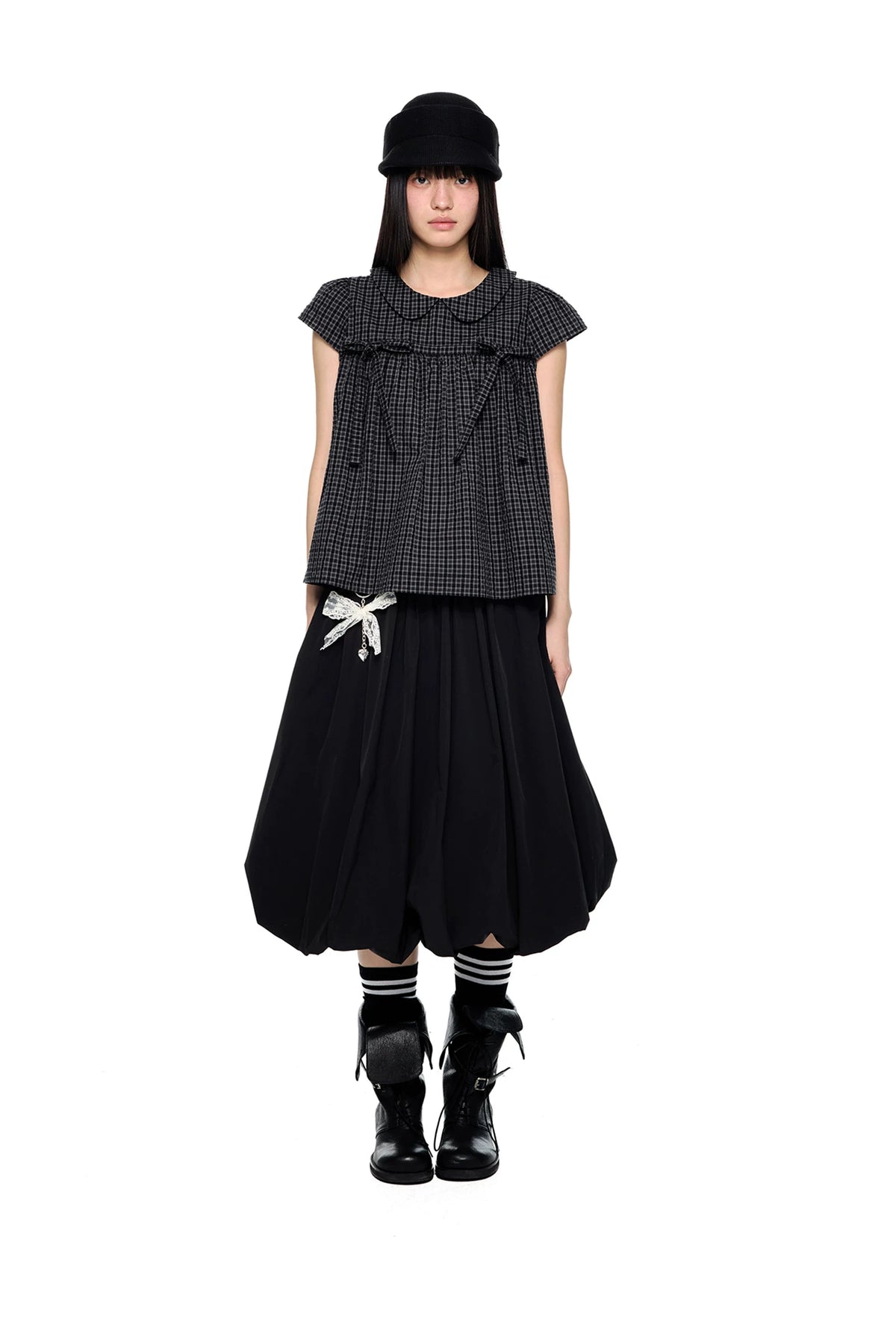 EZEK | Cloud Flower Bubble Skirt A-Line Midi (Black / White / Tan / Gray)