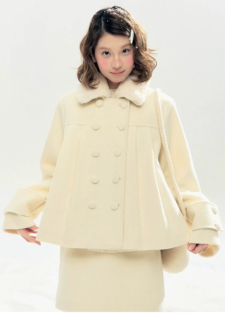 "Berlin Snowfall" Double-Breasted Quilted Wool-Blend Peacoat (Ivory/ Chocolate Brown)