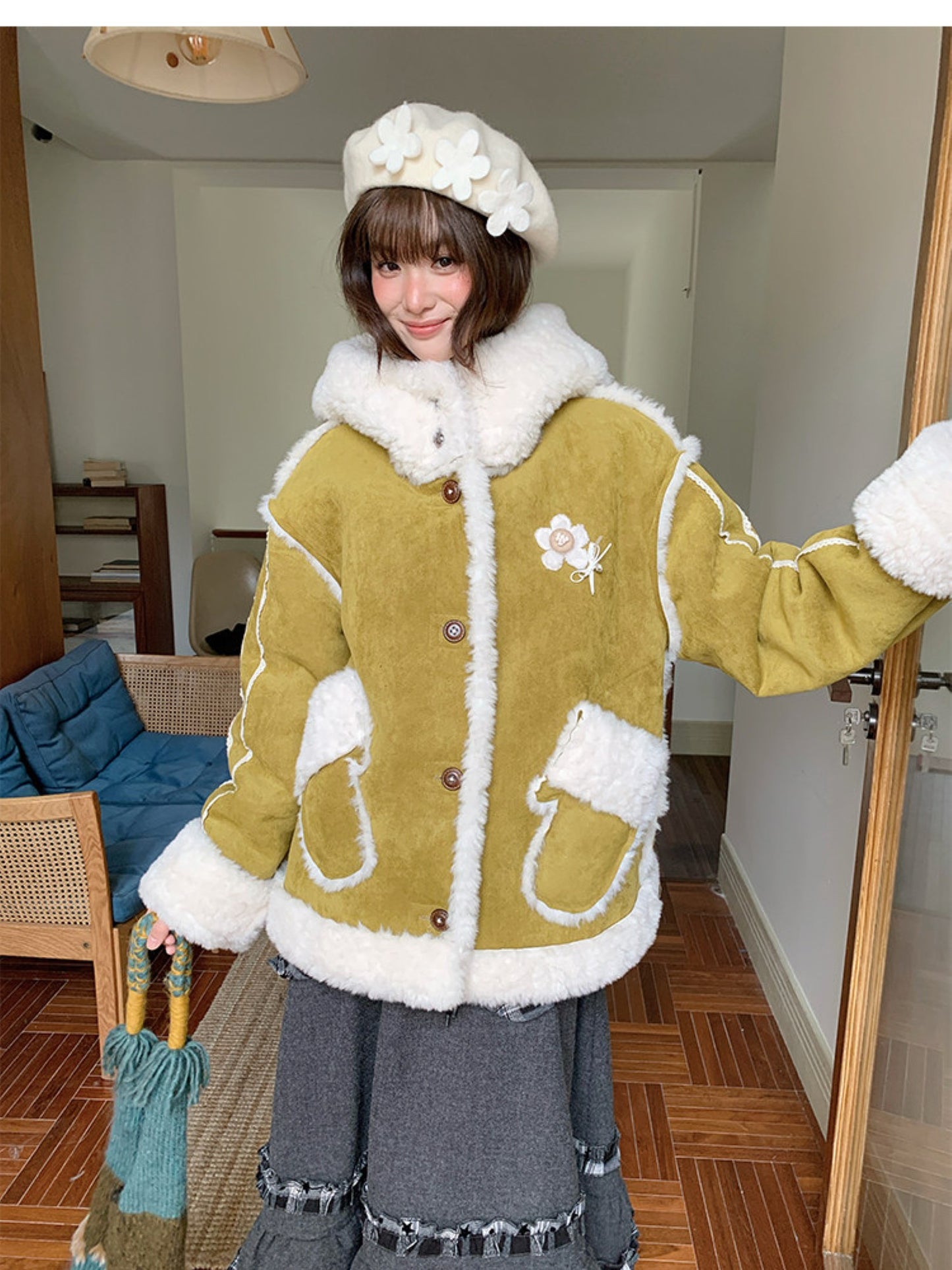 阮阮自制 - Tea Field Olive Green Shearling Jacket