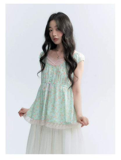 "Mint Blossom" Mint Green Floral Layered Floral Babydoll Top