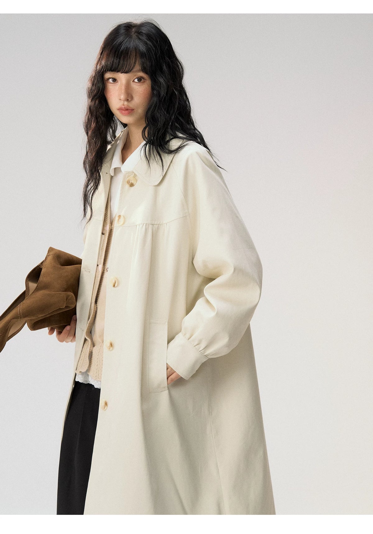 [CAN] “Oat Check Collar” Apricot Bow Cape Collar Trench Coat