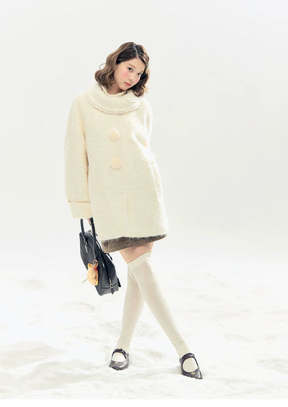 "Snow-Kissed Sakura" Ivory Wool-Blend Quilted Mid-Length Coat with Detachable Plush Flowers