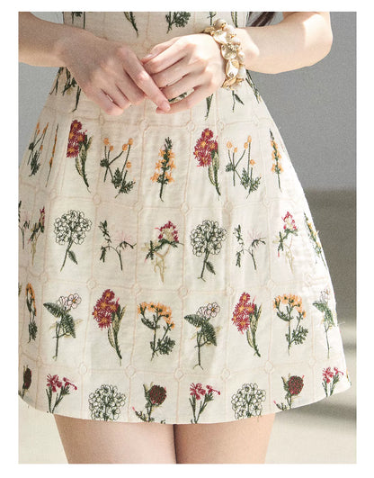 "Wildflower Daydream" Dutch Cream Embroidered Mini Dress - Short Sleeve 45684