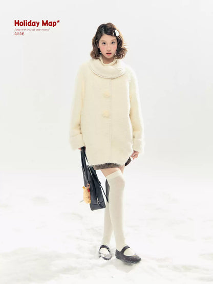 "Snow-Kissed Sakura" Ivory Wool-Blend Quilted Mid-Length Coat with Detachable Plush Flowers