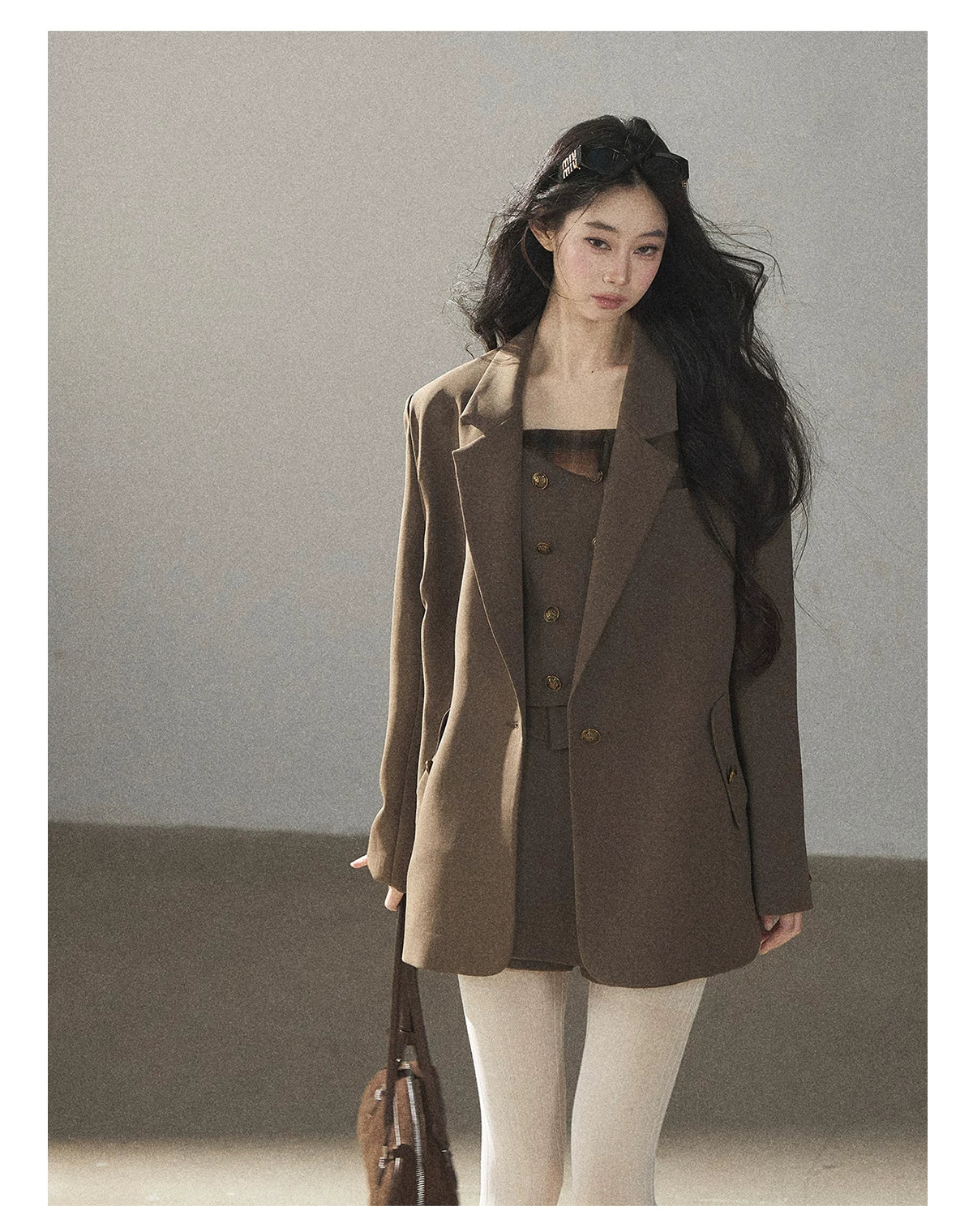 AOMALM - “Evening Breeze in the Valley” Chestnut Brown Blazer, Cami & Pleated Skort Set