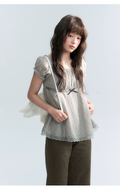 "Polka Dot Constellation" Gray Polka Dot Square Neck Puff Sleeve Top