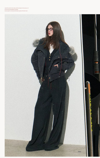 OAKMOO/ "Energy & Freedom" Mocha Gray Fur-Collar Cropped Hoodie Jacket
