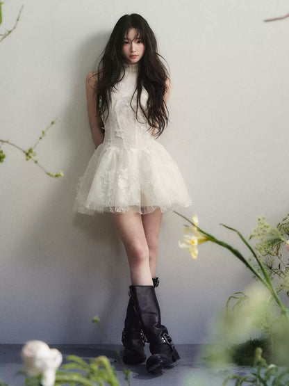 1P - White Floral Lace High-Neck Tulle Mini Dress
