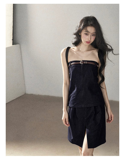AOMALM - "Bluebell in Suspension" Navy Blue Korean Denim-Inspired 2-Piece Skirt Set