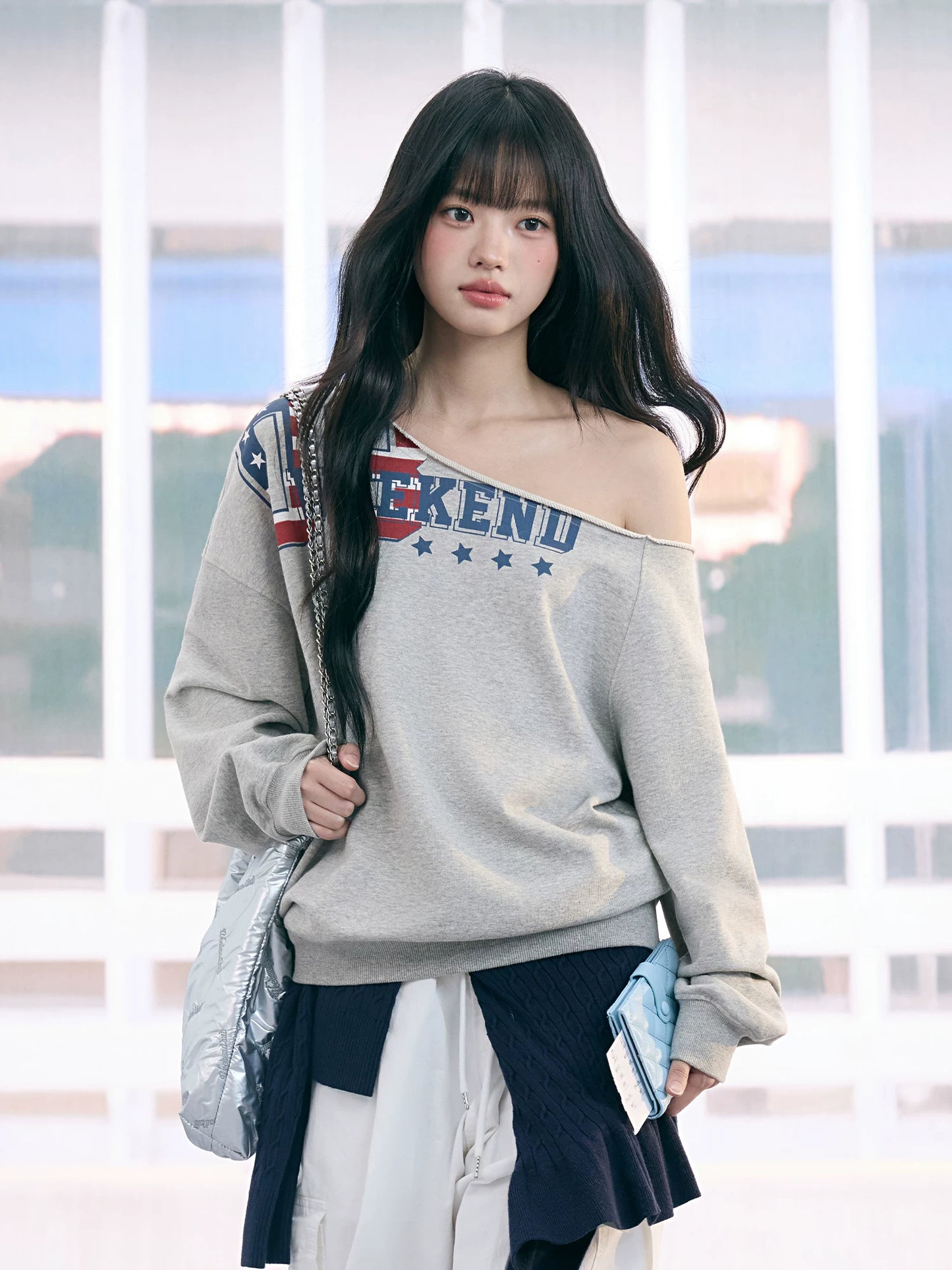 "Heritage Flight" Gray Off-Shoulder Sweatshirt