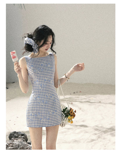"Sea Breeze Reverie" Sky Blue Embroidered Plaid Mini Dress (With Matching Scrunchie)