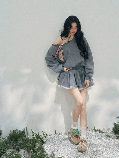 “The Wind Blushes” Lace Trim Off-Shoulder Sweatshirt Dress