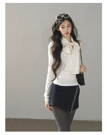 AOMALM - Navy Tweed Jacket & Skort Set with Dutch Cheese Top