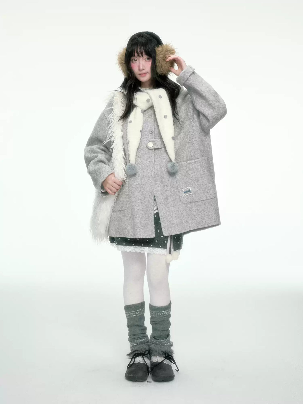 BIBIBENCY - Gray Wool-Blend Single-Breasted Coat (With White Scarf)