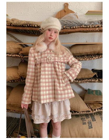 RF - Dusty Pink Plaid Wool-Look Coat with Detachable Fur Collar