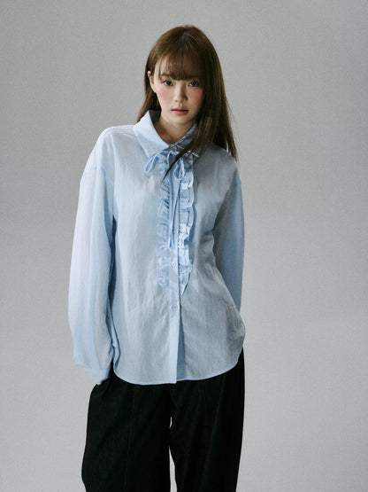LOST FOREST - Water Blue Asymmetrical Lyocell Tie-Strap Blouse with Ruffle Trim