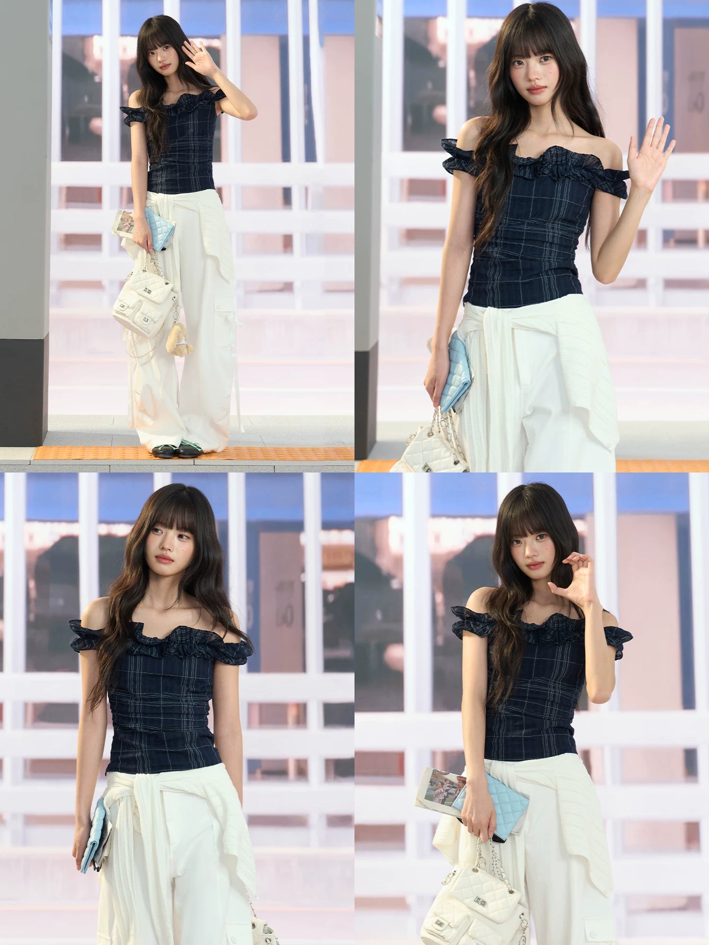 "Vintage Arrival" Navy Plaid Off-Shoulder Ruffle Top