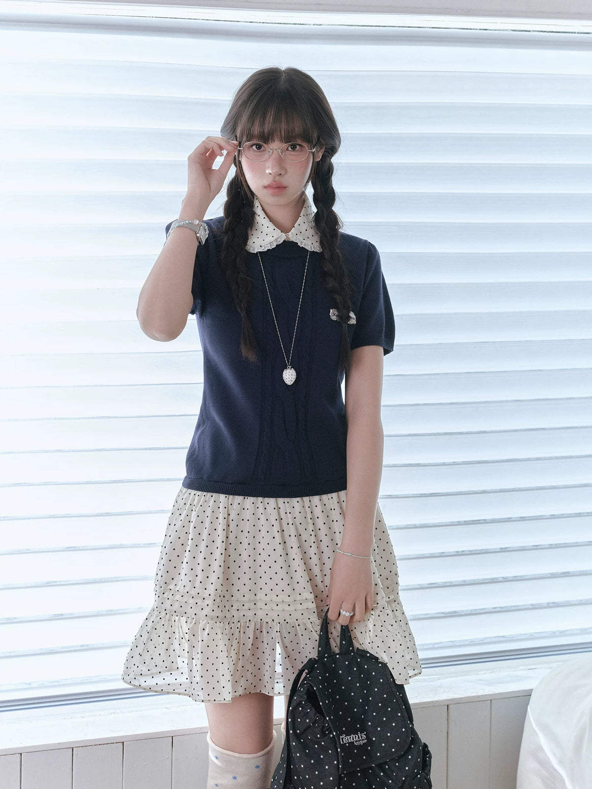 "Starry Miu" Polka Dot Collared Knit Dress - Navy