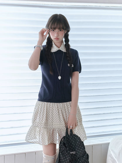 "Starry Miu" Polka Dot Collared Knit Dress - Navy