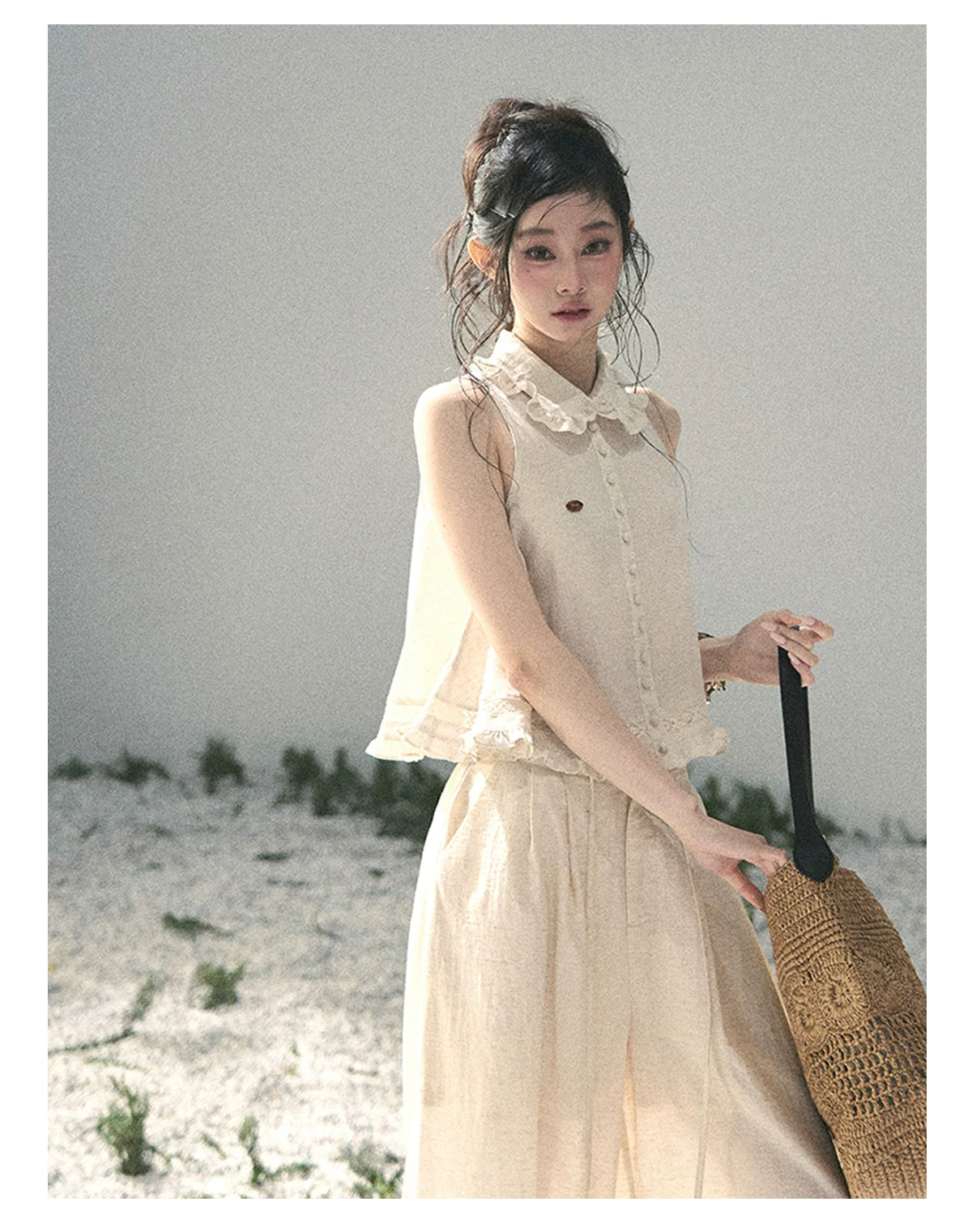 "Soft Cloud Reverie" Dutch Cream Lace Top & Bubble Skirt & Wide-Leg Pants Set 5468465