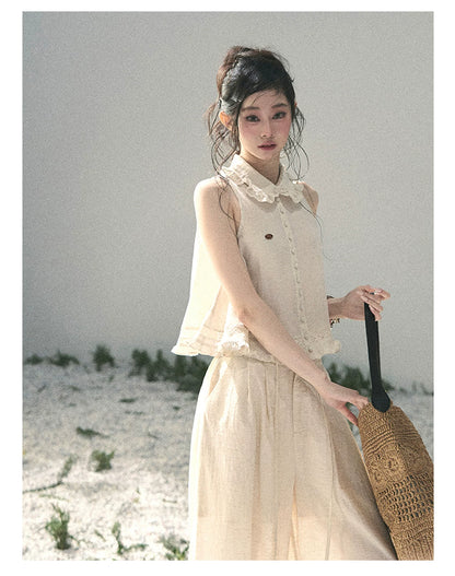 "Soft Cloud Reverie" Dutch Cream Lace Top & Bubble Skirt & Wide-Leg Pants Set 5468465