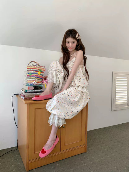 [RF] “Milk Cloud” Ivory Rainbow Polka Dot Bloom Pants Set