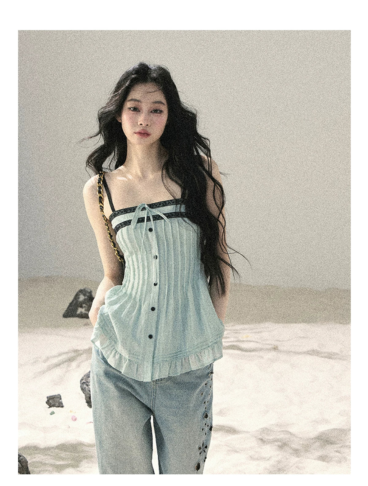 "Sea Breeze Reverie" Misty Sage Lace Off-Shoulder Ruched Top 54352131
