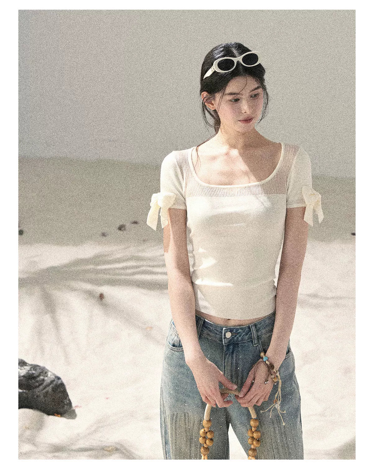 "Gentle Ocean Tide" Dutch Cream Cutout Knit Crop Top 75511
