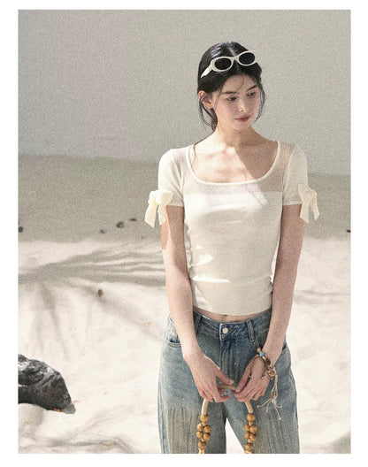 "Gentle Ocean Tide" Dutch Cream Cutout Knit Crop Top 75511