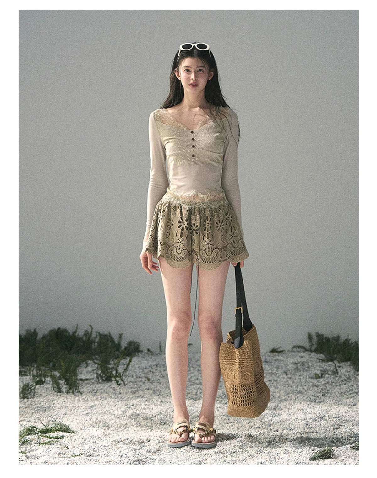 “Traces Left by the Wind” Ash Ivory Lace V-Neck Top