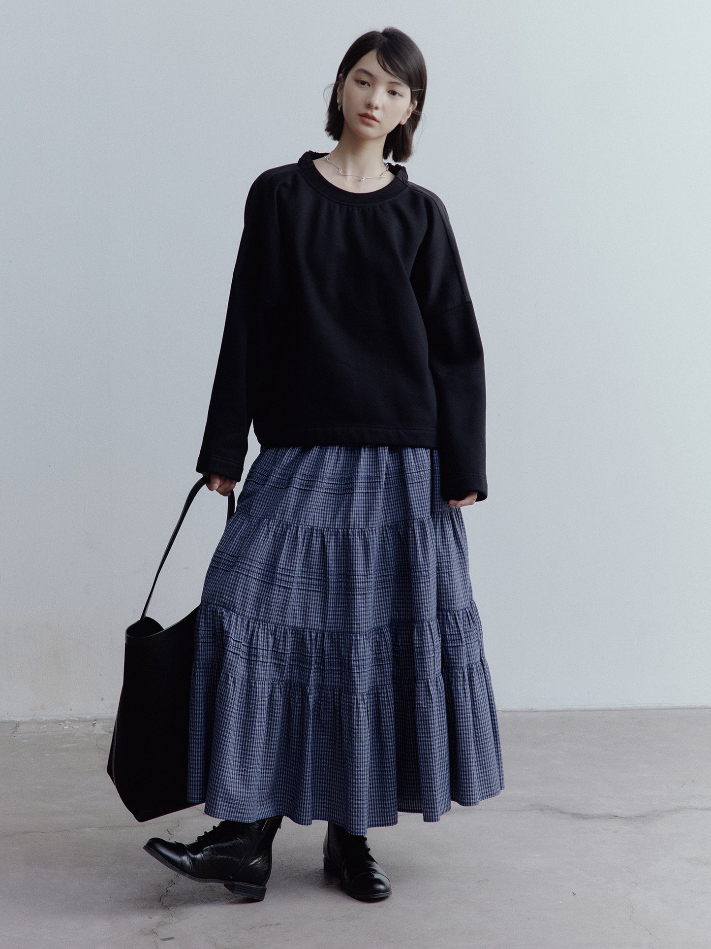 FUSSED Blue & White Gingham Cotton Tiered Midi Skirt FOF-25SS156b