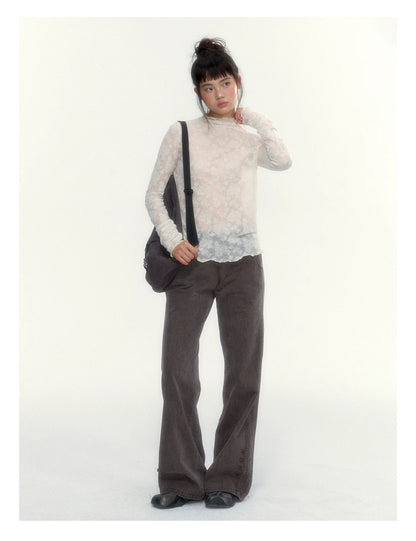 “Everyday Mist” Jacquard Lace Layering Top ( Ivory / Fog Gray )
