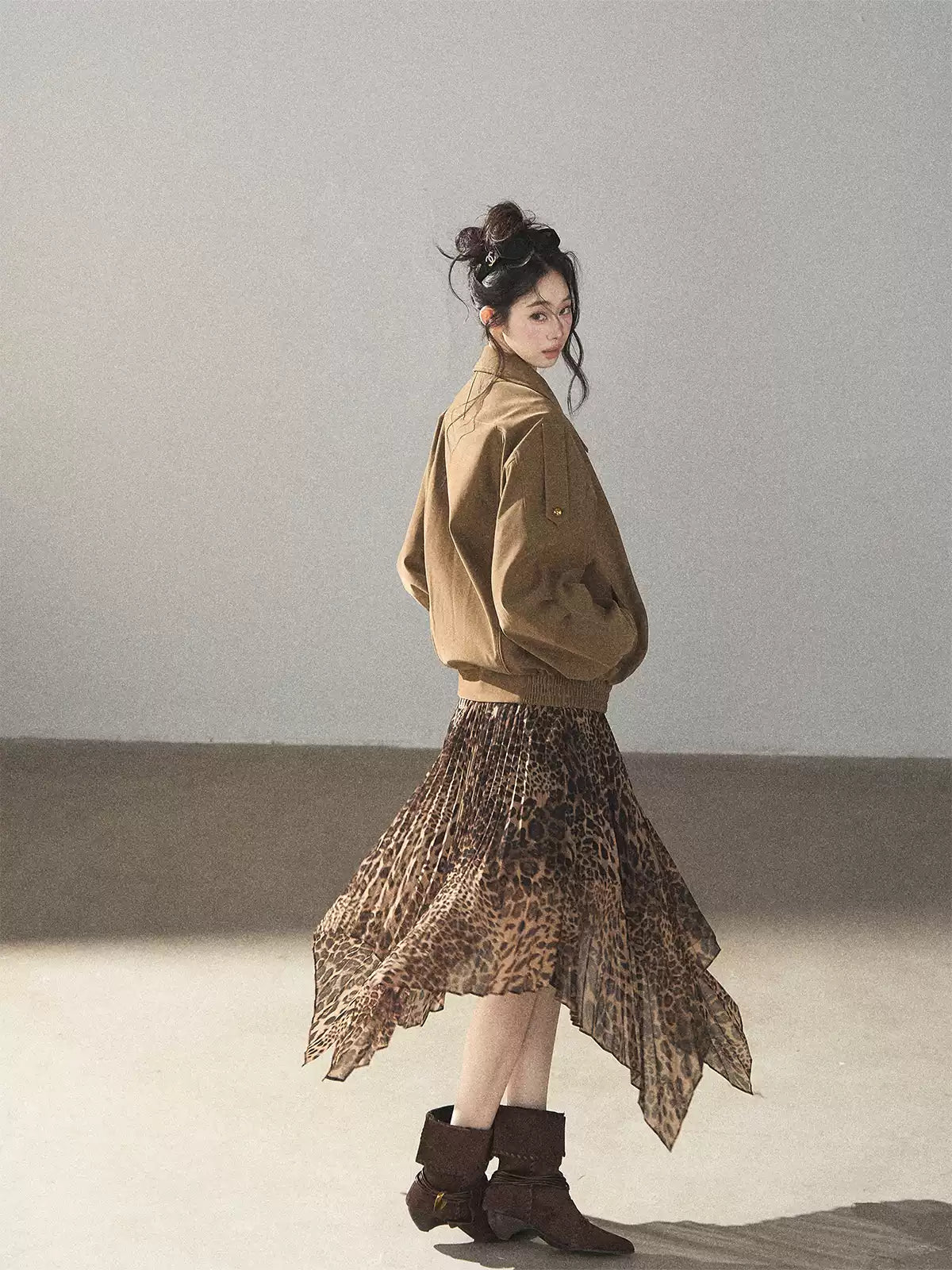 AOMALM - “Acorn & Fallen Leaves” Korean Leopard Print Chestnut Brown Faux Suede Jacket