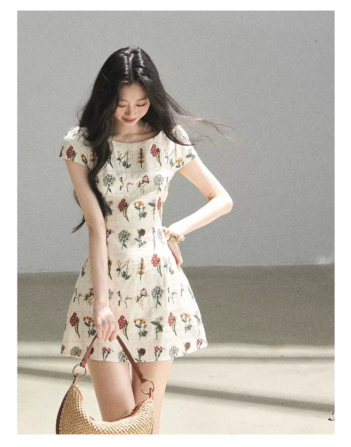 "Wildflower Daydream" Dutch Cream Embroidered Mini Dress - Short Sleeve 45684