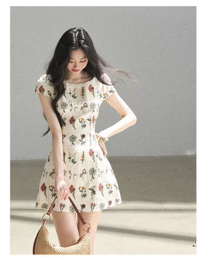 "Wildflower Daydream" Dutch Cream Embroidered Mini Dress - Short Sleeve 45684
