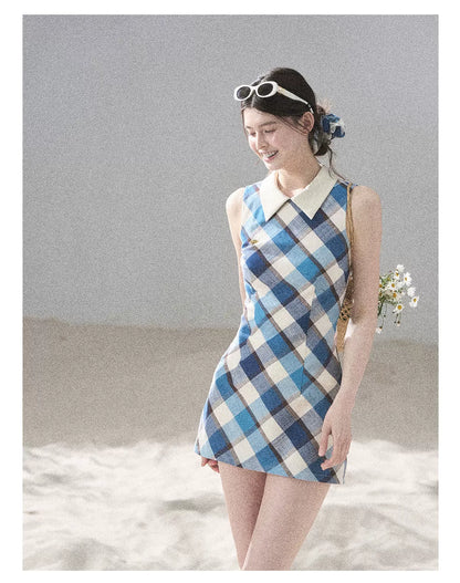 "Sunset by the Shore" Vintage Blue Plaid Polo Mini Dress 358648564