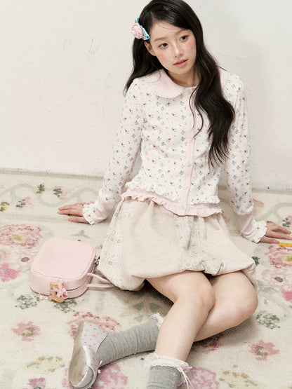 [RF] Vintage Floral Patchwork Knit Bubble Skirt in Blush Pink