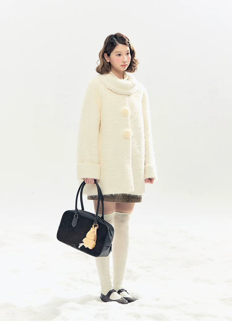 "Snow-Kissed Sakura" Ivory Wool-Blend Quilted Mid-Length Coat with Detachable Plush Flowers