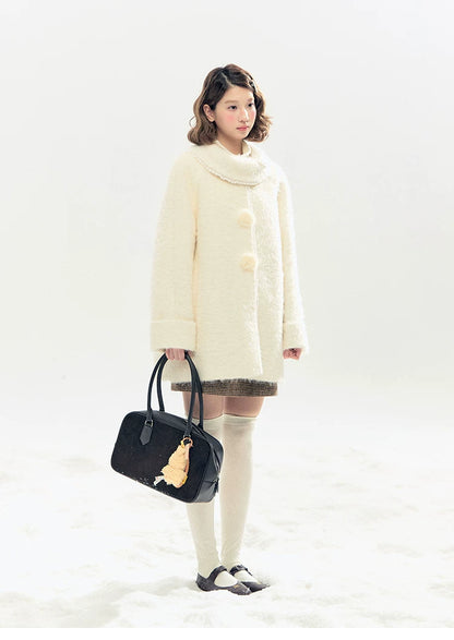 "Snow-Kissed Sakura" Ivory Wool-Blend Quilted Mid-Length Coat with Detachable Plush Flowers