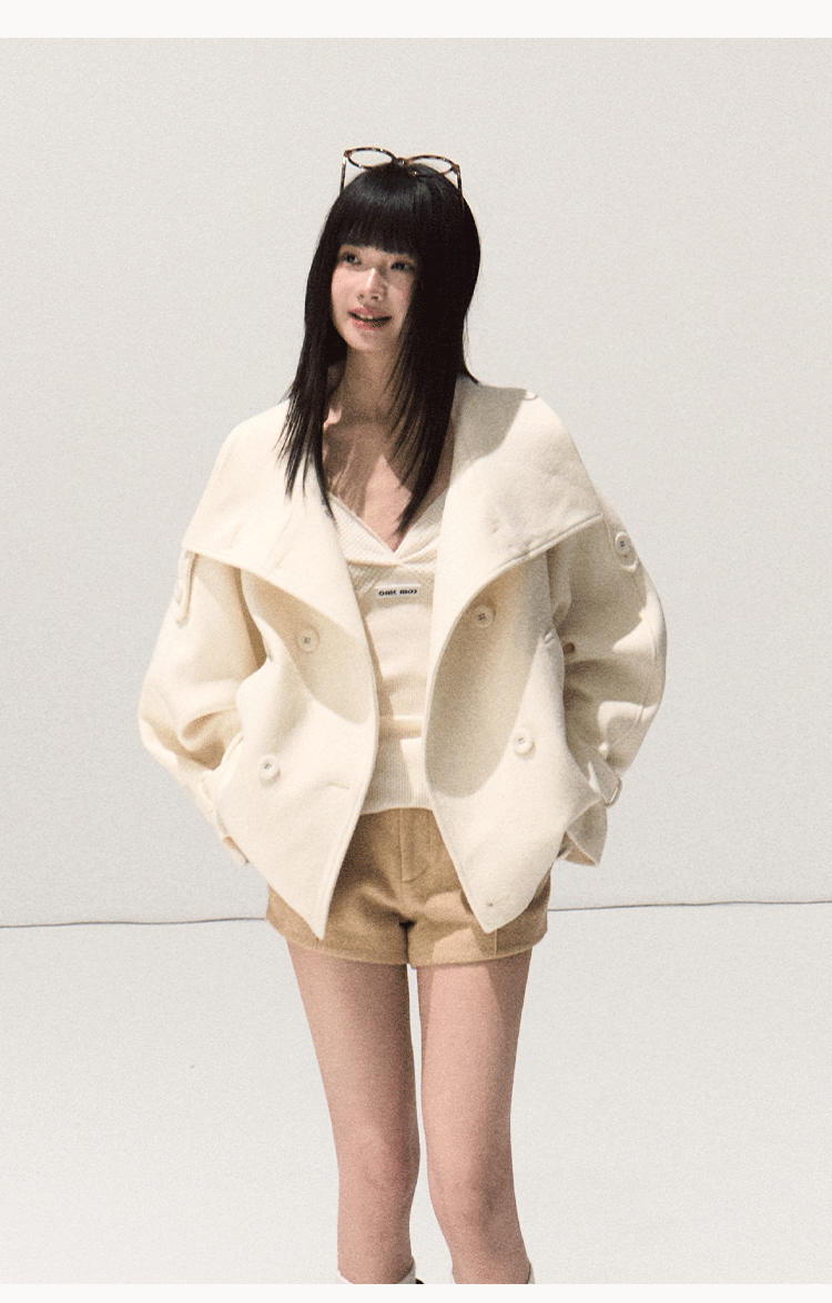 OAKMOO/ Sand Beige Wool Stand-Collar Short Coat