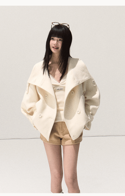 OAKMOO/ Sand Beige Wool Stand-Collar Short Coat