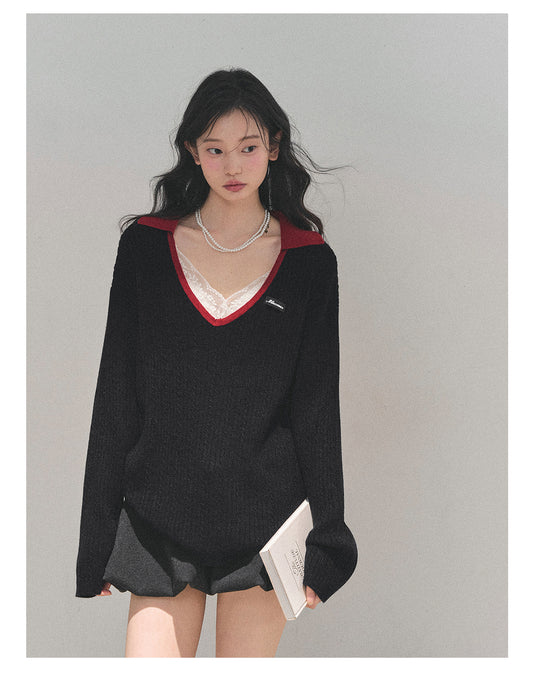 少也眼 “Before Nightfall Melts” Wool-Blend V-Neck Contrast Collar Sweater 6441568