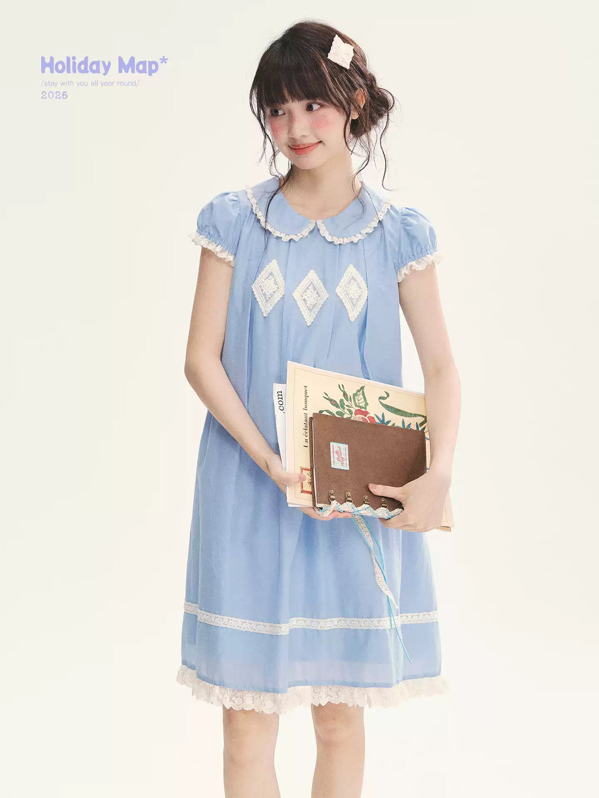 "Sweet Tea Doll" Haze Blue Lace Puff Sleeve Peter Pan Collar A-Line Dress
