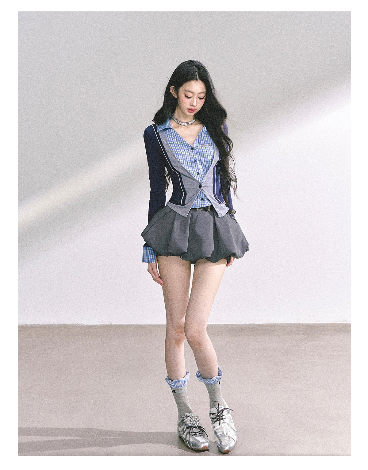 少也眼 "London Senior Muse" Layered Polo Long Sleeve Tee - Navy Blue 924863