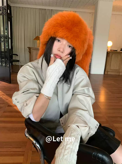 Orange Plush Bunny Ear Hat – Cute Long-Eared Fleece Cap
